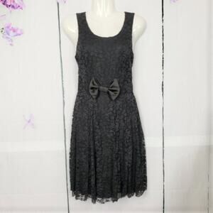 Monteau Black Lace Sleeveless Satin Bow Midi Cocktail Dress S